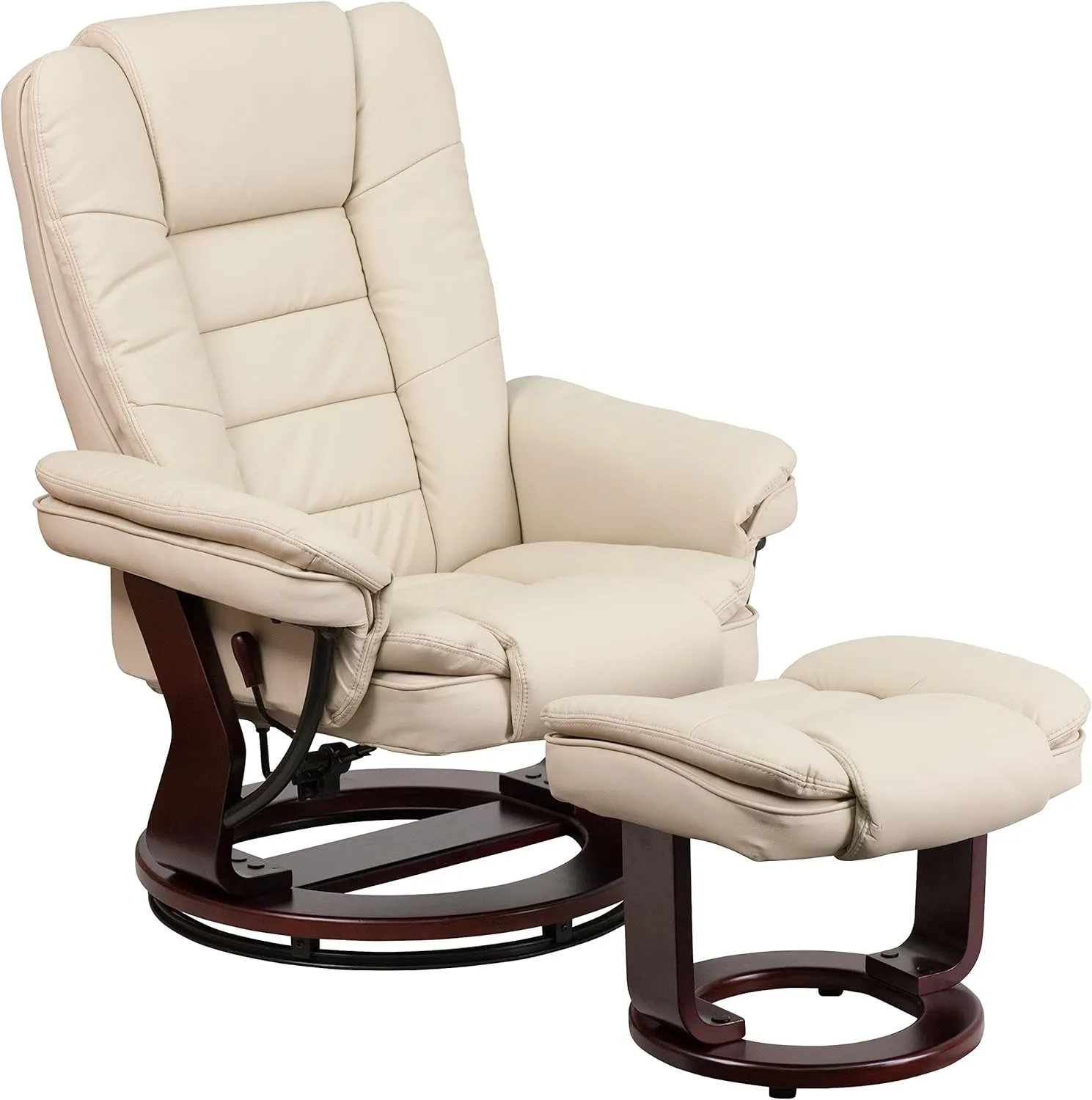 EMMA   OLIVER Multi-Position Stitched Recliner & Ottoman with Swivel Base in Beige LeatherSoft