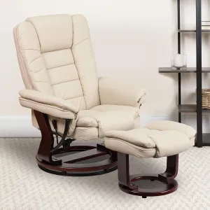 EMMA   OLIVER Multi-Position Stitched Recliner & Ottoman with Swivel Base in Beige LeatherSoft