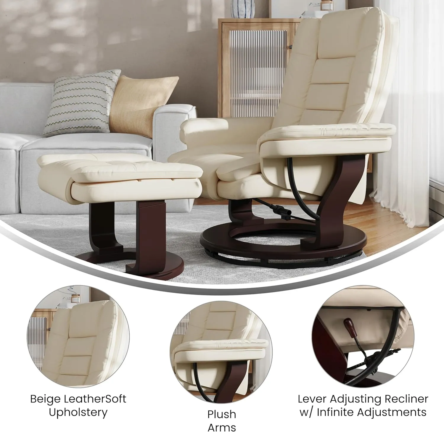 EMMA   OLIVER Multi-Position Stitched Recliner & Ottoman with Swivel Base in Beige LeatherSoft