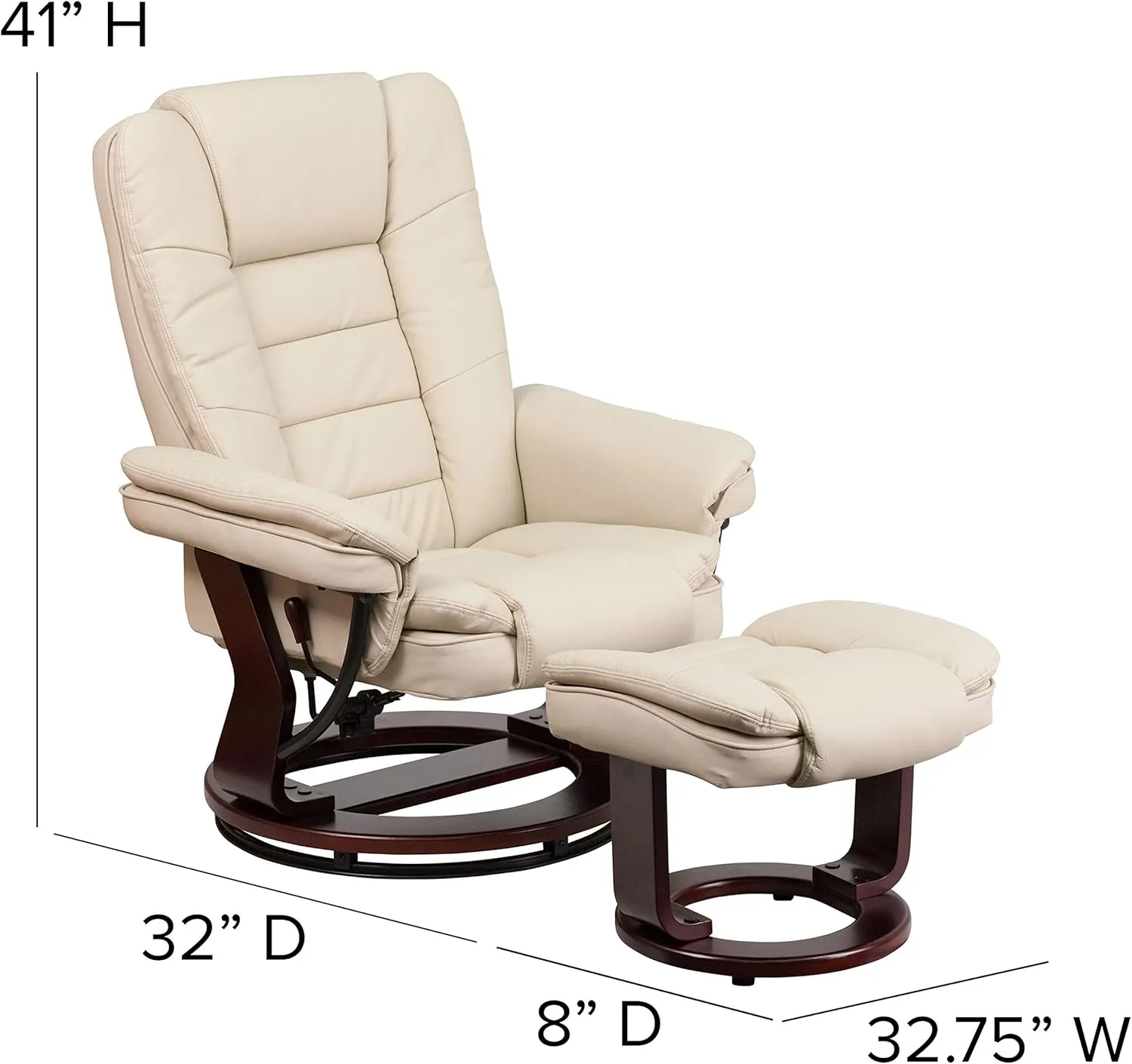 EMMA   OLIVER Multi-Position Stitched Recliner & Ottoman with Swivel Base in Beige LeatherSoft