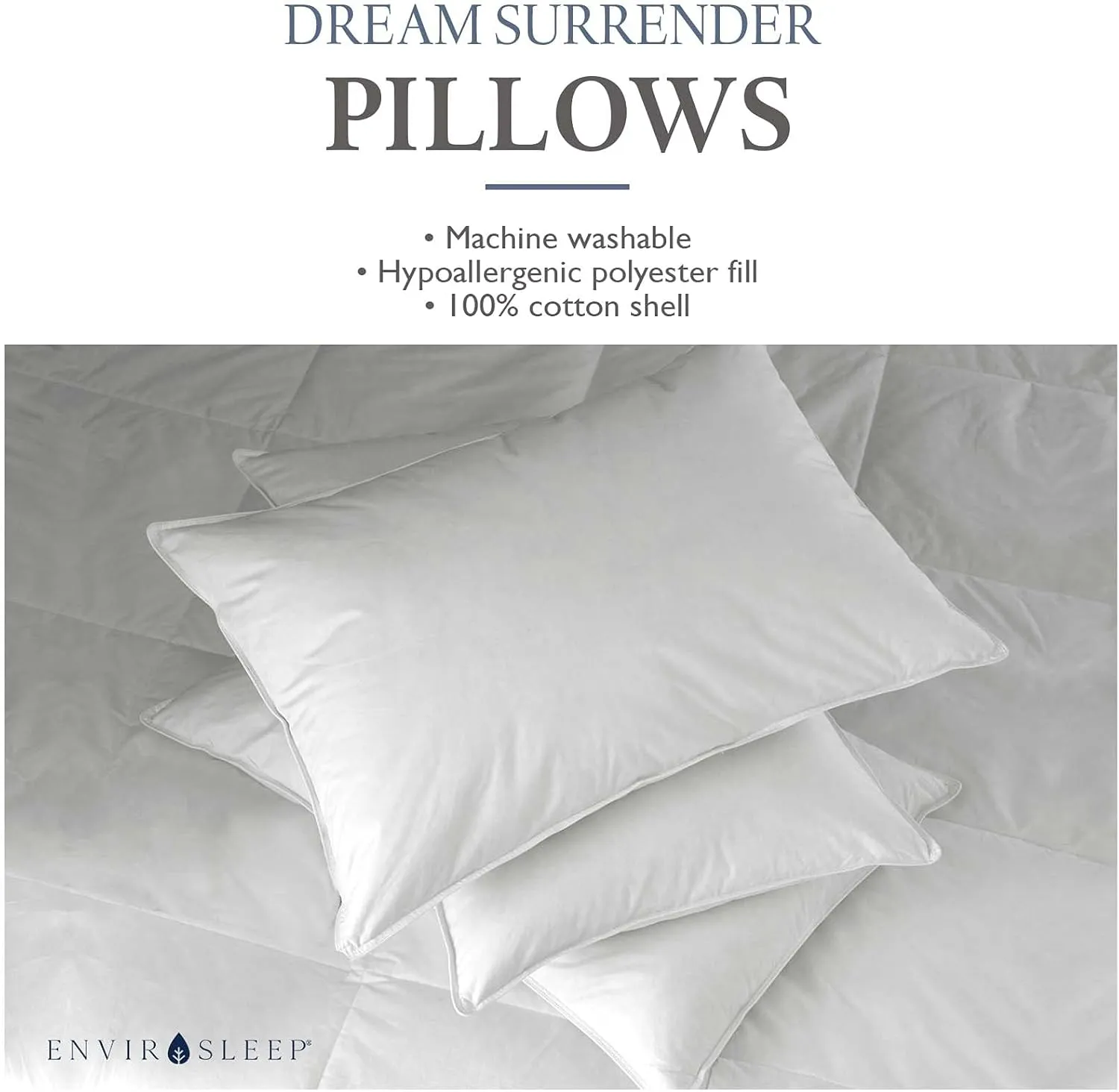 Envirosleep Dream Surrender Firm Support Pillows - Hypoallergenic Polyester Filled Cotton Shell Pillow Set, Standard Size 2 Pillow Set for Hotel or Home Use, by Manchester Mills