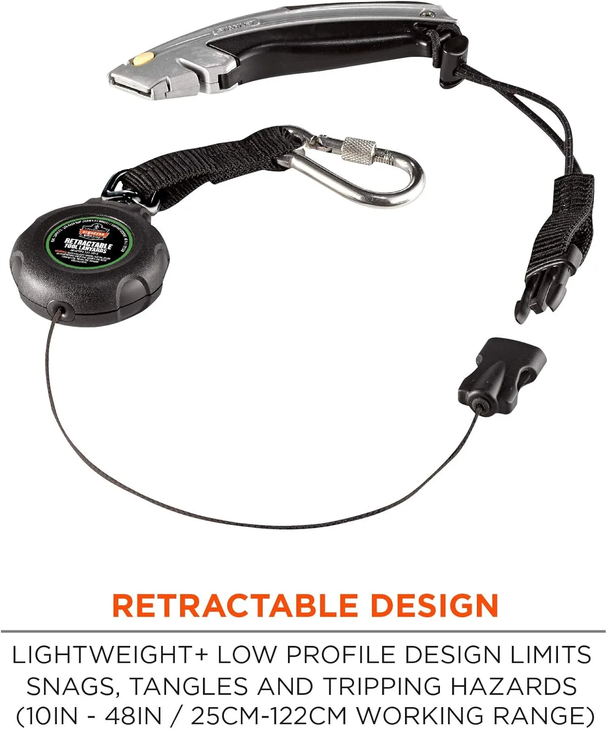 Ergodyne Squids 3001 Retractable Tool Lanyard with Carabiner Mount and Loop Attachment End, Tool Weight Capacity 2 lbs,Black