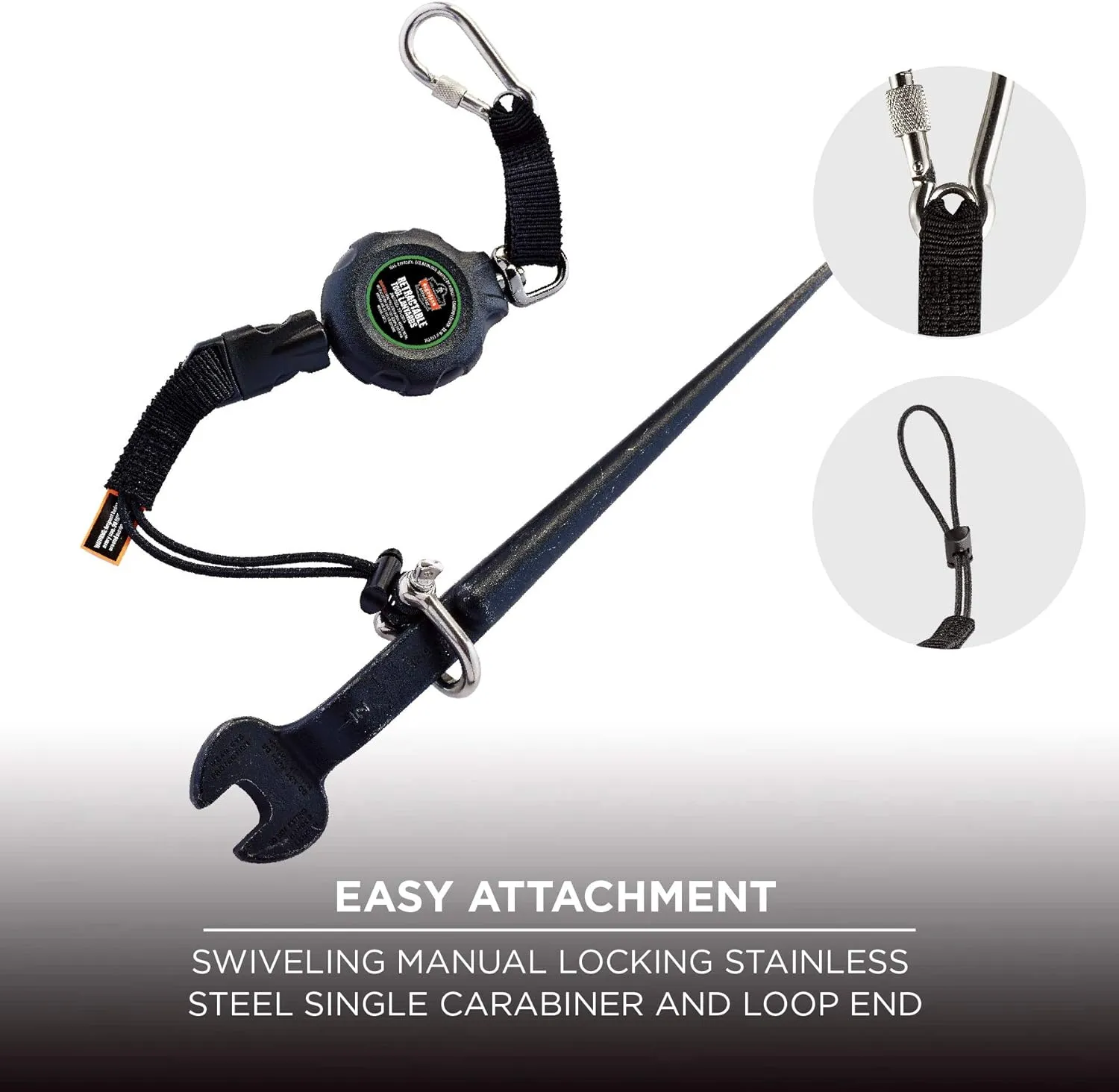 Ergodyne Squids 3001 Retractable Tool Lanyard with Carabiner Mount and Loop Attachment End, Tool Weight Capacity 2 lbs,Black