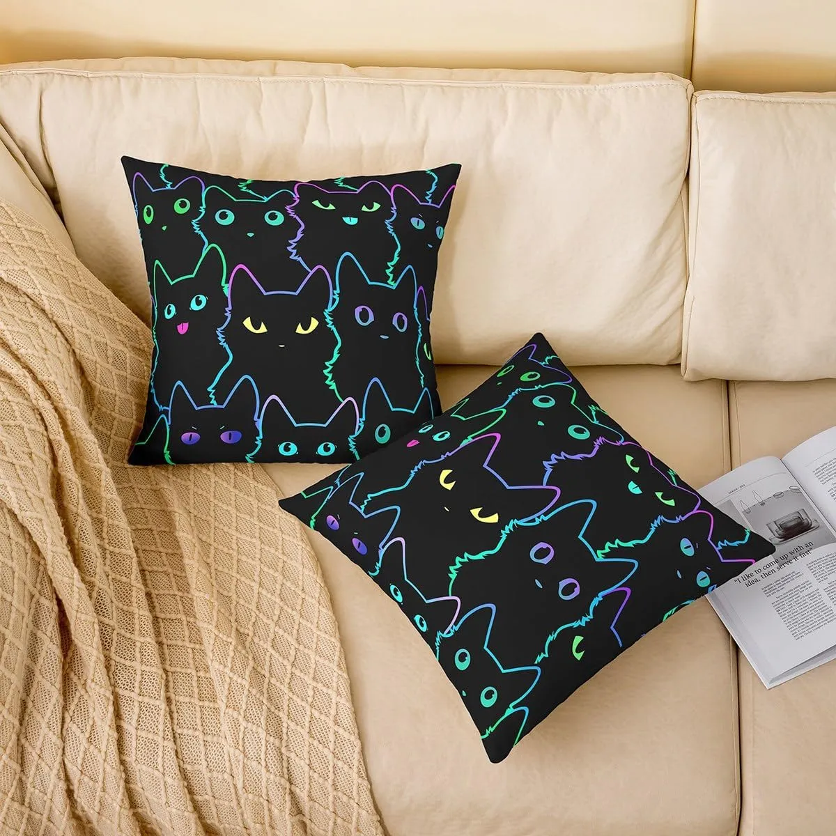 Erosebridal Cat Throw Pillow Covers - 18x18 Inch Set of 2, Cute Cat Decorative Pillow Covers for Bed & Sofa, Gradient Line, Lovely Kitten Print, Rainbow Black