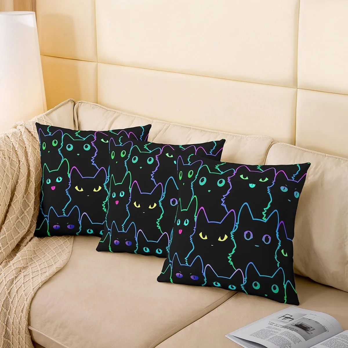 Erosebridal Cat Throw Pillow Covers - 18x18 Inch Set of 2, Cute Cat Decorative Pillow Covers for Bed & Sofa, Gradient Line, Lovely Kitten Print, Rainbow Black