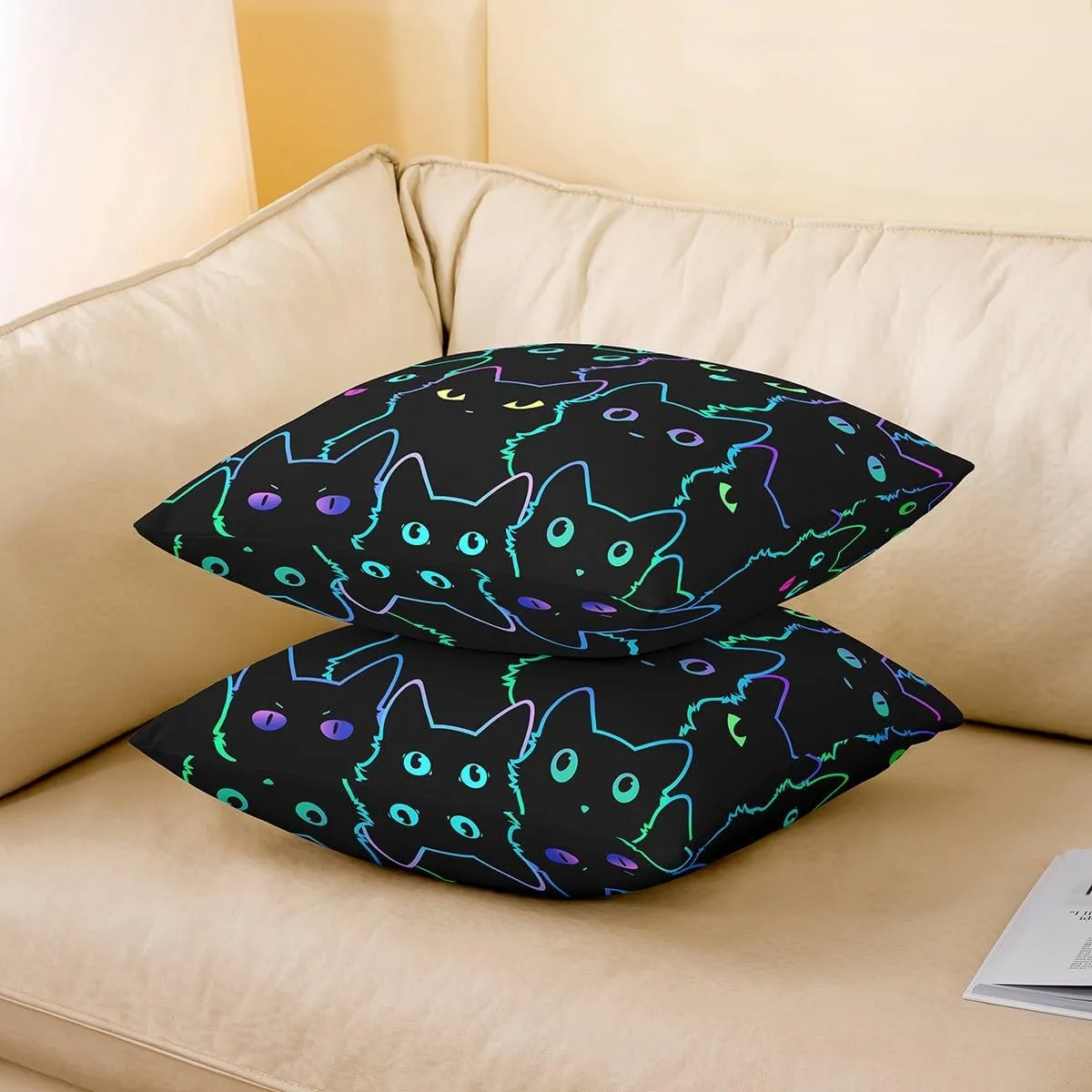 Erosebridal Cat Throw Pillow Covers - 18x18 Inch Set of 2, Cute Cat Decorative Pillow Covers for Bed & Sofa, Gradient Line, Lovely Kitten Print, Rainbow Black