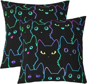 Erosebridal Cat Throw Pillow Covers - 18x18 Inch Set of 2, Cute Cat Decorative Pillow Covers for Bed & Sofa, Gradient Line, Lovely Kitten Print, Rainbow Black