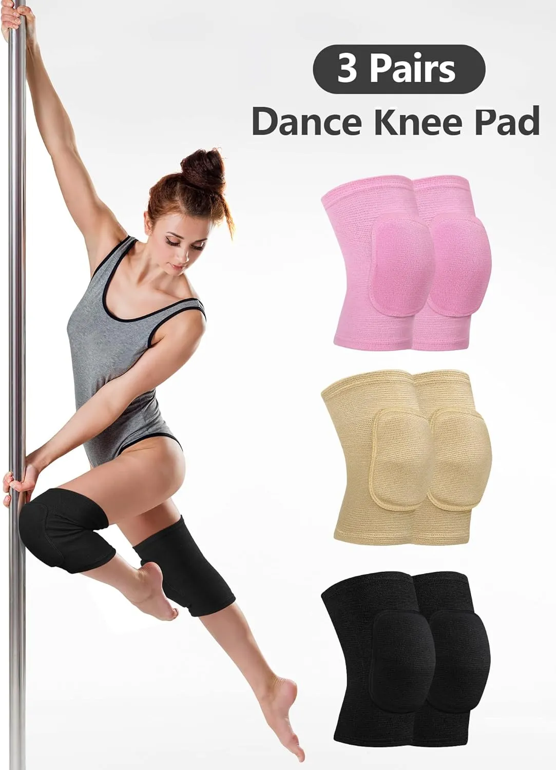 Eurzom 3 Pairs Dance Knee Pads Women Protective Non-Slip Knee Pads for Yoga Cheerleading Pole Floor Dance Volleyball