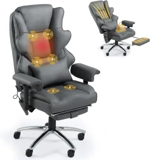 Executive Office Chair, 6-Point Massage Office Chair with Heating Function, High Back PU Leather & Ergonomic Lumbar Support-Grey
