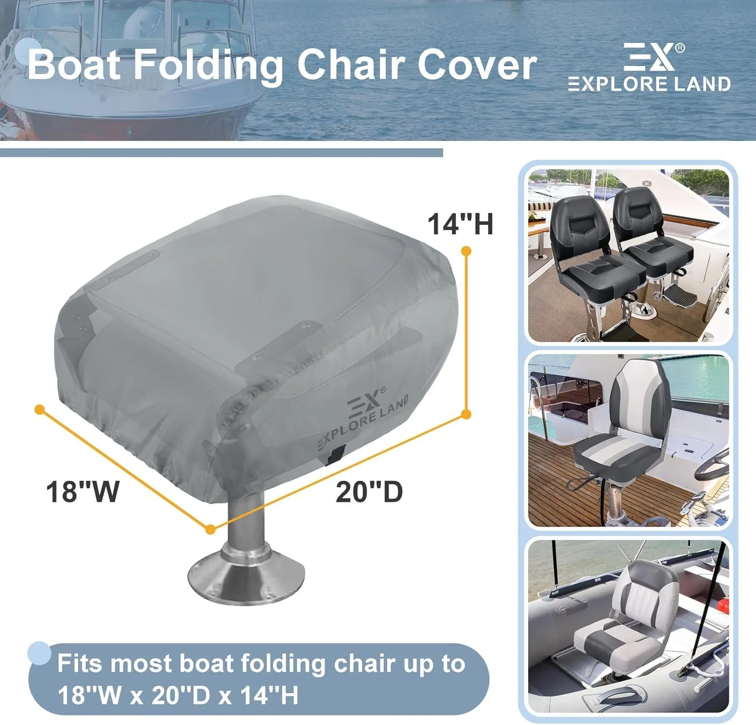 Explore Land Boat Folding Seat Cover - Waterproof 600D Heavy Duty Boat Folding Chair Cover - 18W x 20D x 14H inch, Grey