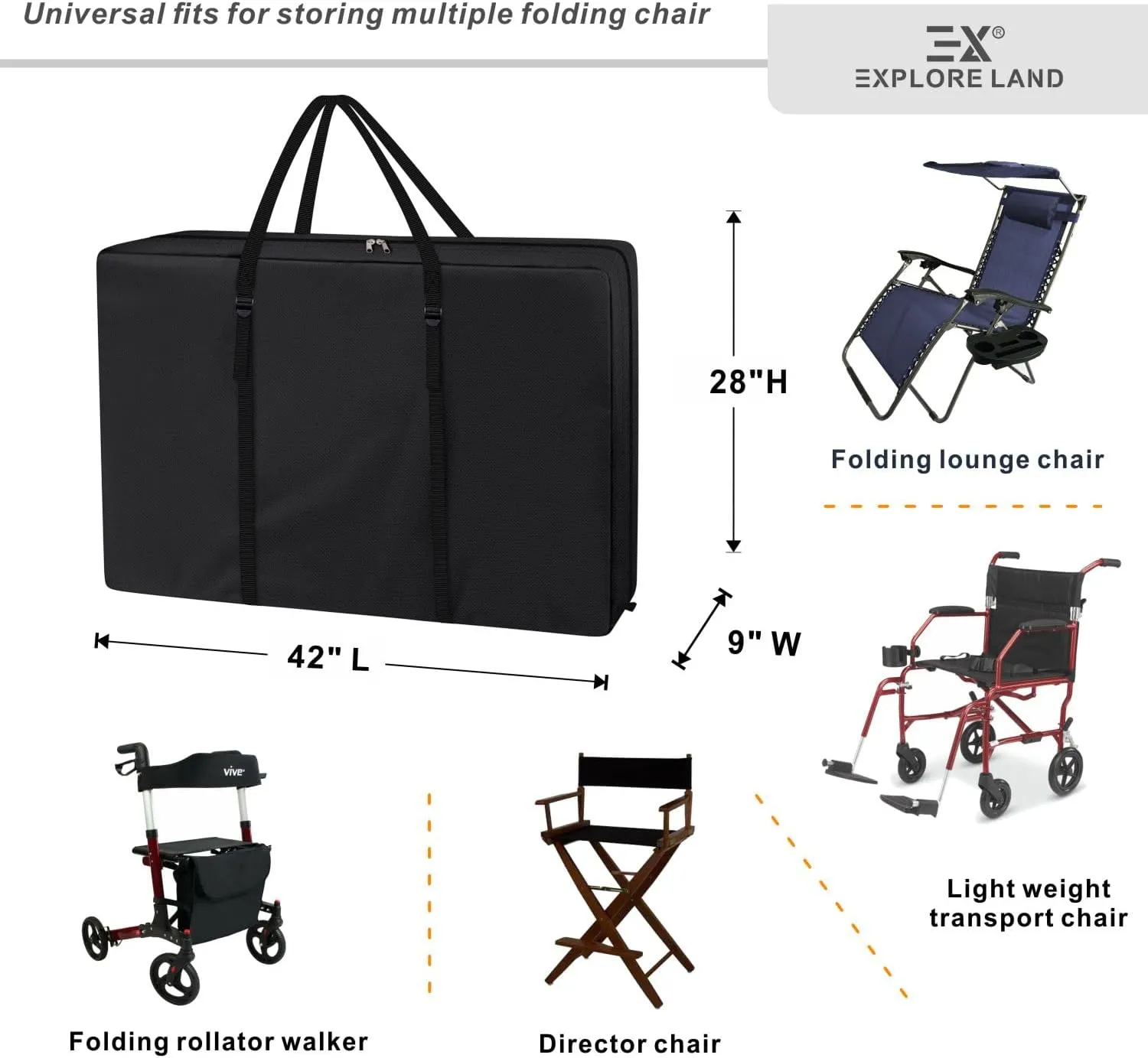 Explore Land Heavy Duty Chair Storage Bag for Folding Longue Zero Gravity Light Weight Transport Folding Rollator Walker (2PACK-Black)
