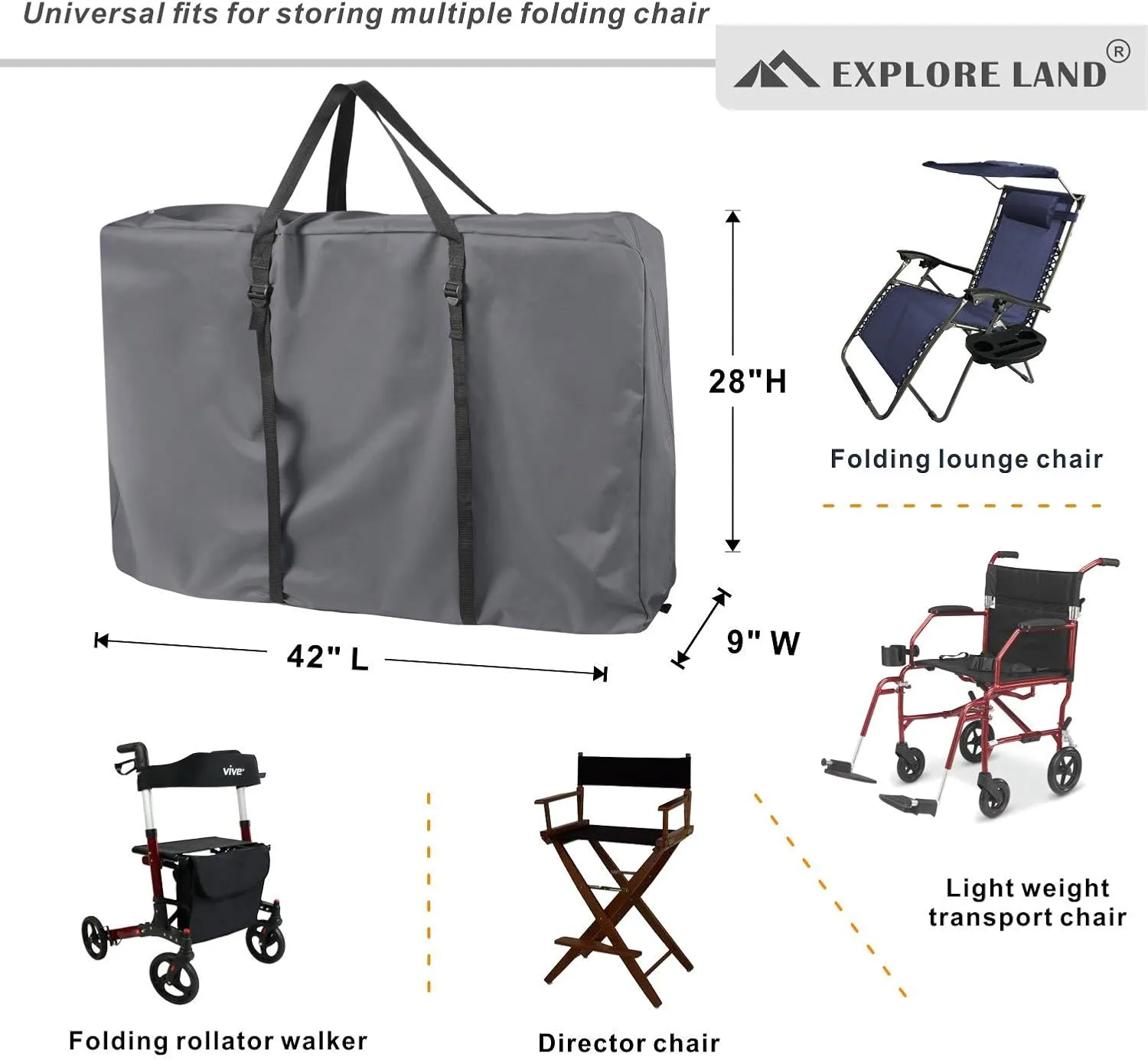Explore Land Heavy Duty Chair Storage Bag for Folding Longue Zero Gravity Light Weight Transport Folding Rollator Walker (Grey)