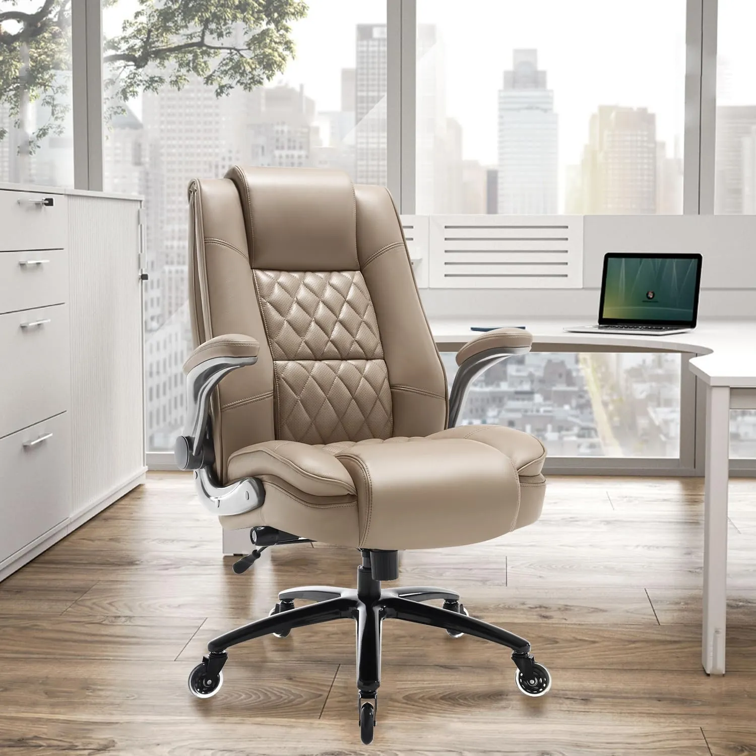 EZAKI High Back Office Chair-Flip-up Arms Executive Computer Desk Chair, Built-in Lumbar Support Thick Padded Adjustable Rock Tension Ergonomic Design for Back Pain