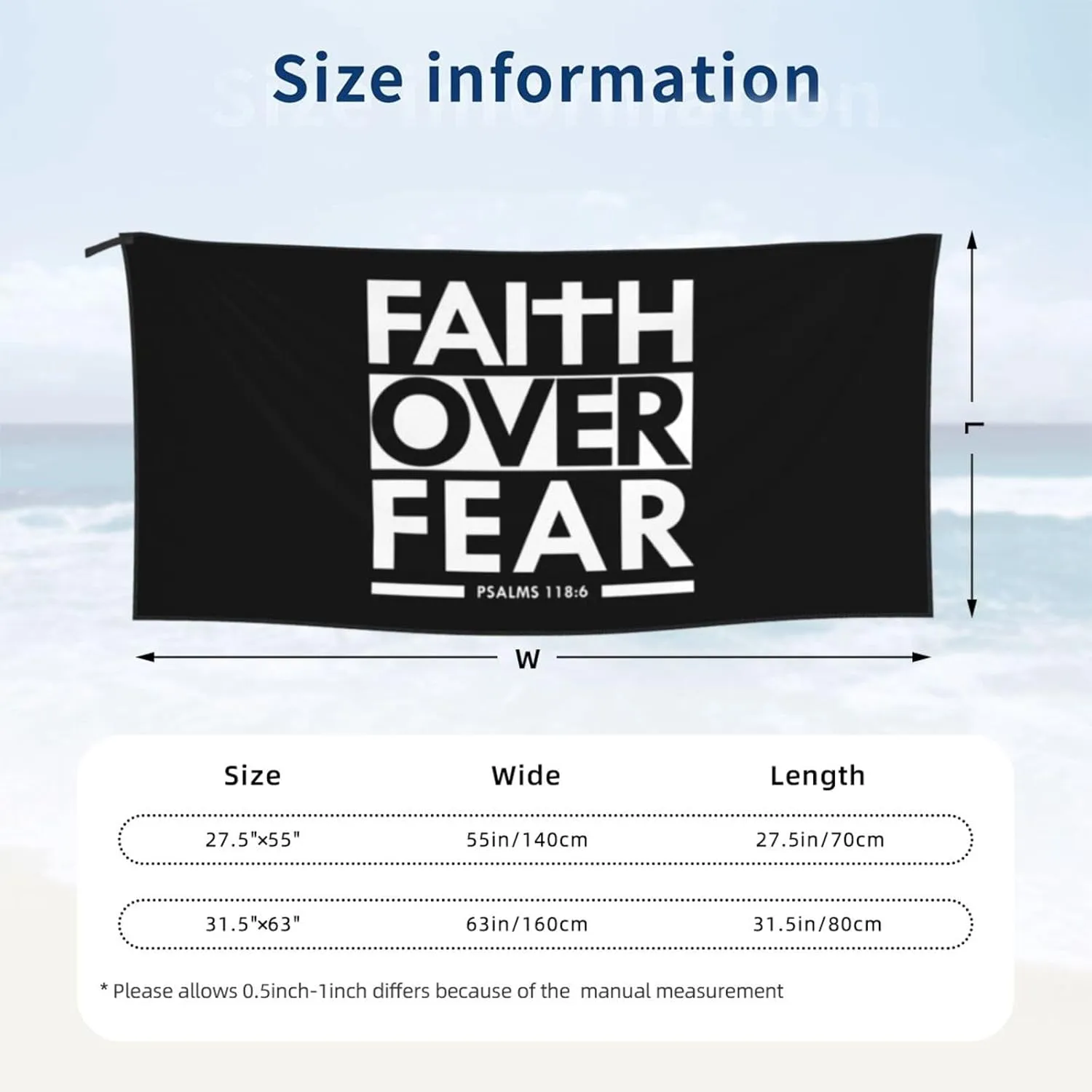 Faith Over Fear Bible Scripture Verse Christian Beach Towel Quick Dry Sand Free Lightweight Large 31.5"x63" with Travel Bag - Vacation Essentials Bath Towel for Pool, Summer