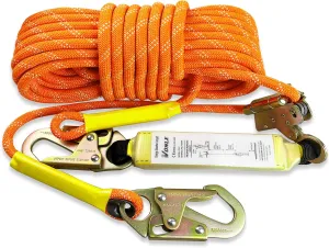 Fall Protection Safety Rope 50FT Heavy Duty Vertical Roofing Rope with Alloy Steel Grab Snap Hooks Shock Absorber Fall Protection Tree Climbing Line Kit Tree Stand Safety Rope Line Kit