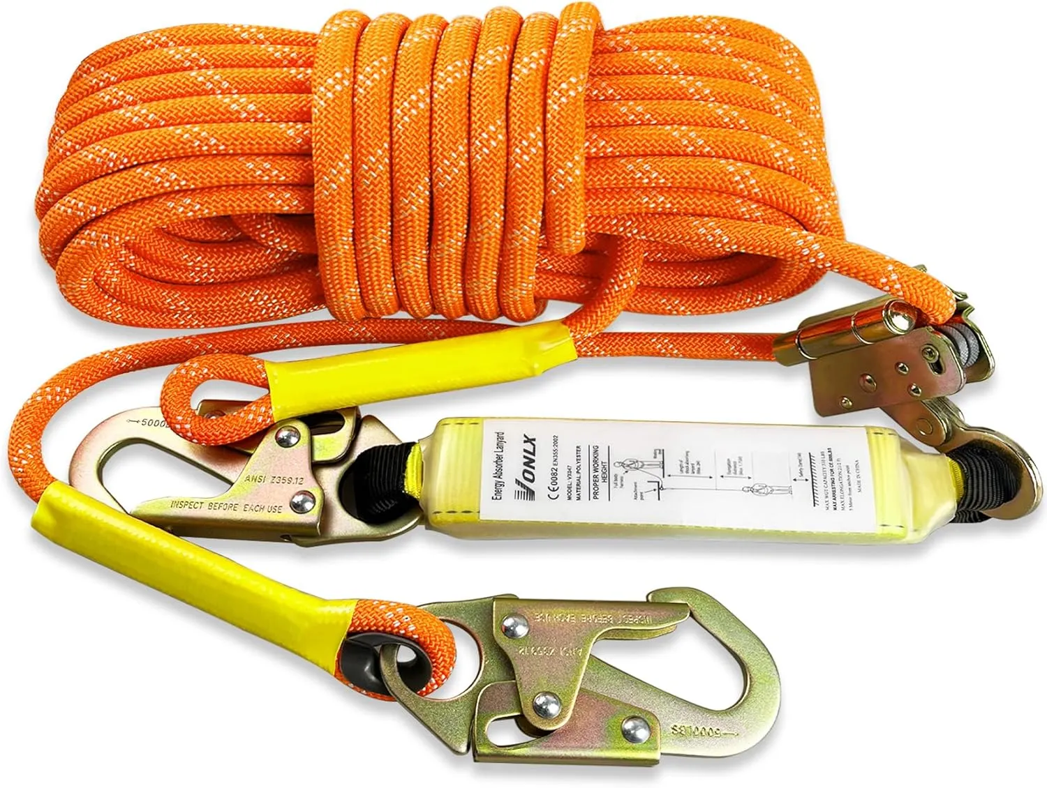 Fall Protection Safety Rope 50FT Heavy Duty Vertical Roofing Rope with Alloy Steel Grab Snap Hooks Shock Absorber Fall Protection Tree Climbing Line Kit Tree Stand Safety Rope Line Kit