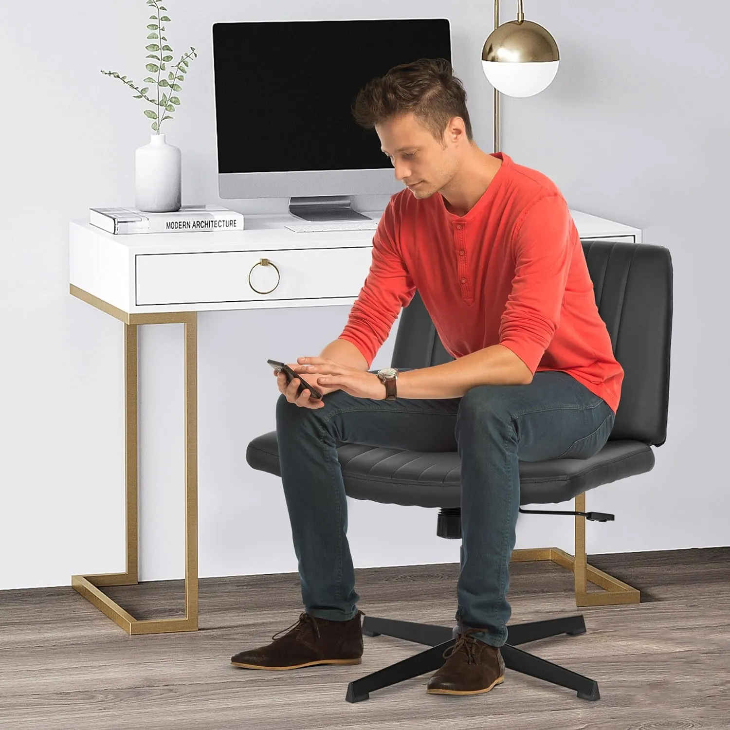FDW Criss Cross Chair Armless Cross Legged Office Chair Adjustable Swivel Ergonomic Desk Chair No Wheels with Wide Seat Native Sponge Computer Task Vanity Chair for Home Office Dark Black