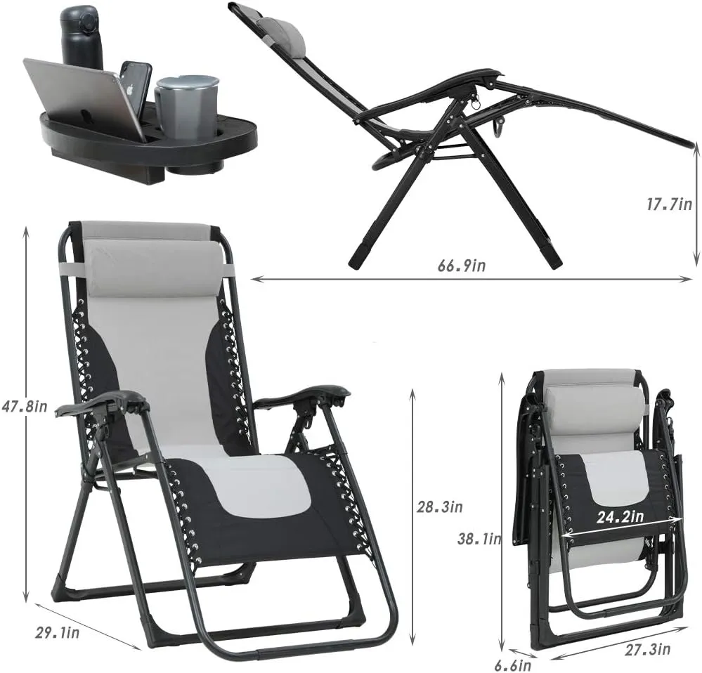 FDW Oversized Padded Zero Gravity Chair Lounge Chair Outdoor Patio Recliner with Cup Holder Adjustable Headrest for Patio Pool Deck Camping Support 380lbs (1, Grey)