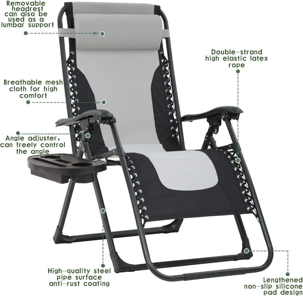 FDW Oversized Padded Zero Gravity Chair Lounge Chair Outdoor Patio Recliner with Cup Holder Adjustable Headrest for Patio Pool Deck Camping Support 380lbs (1, Grey)