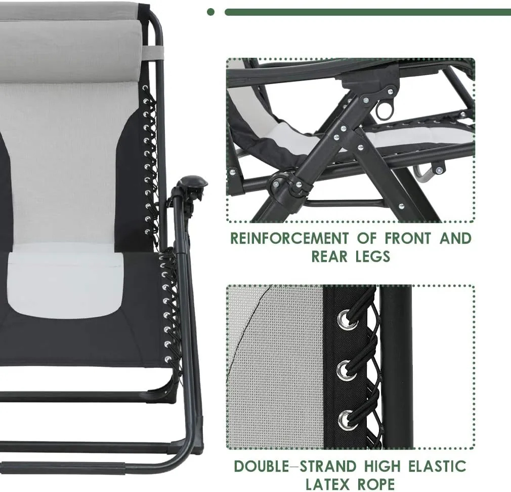 FDW Oversized Padded Zero Gravity Chair Lounge Chair Outdoor Patio Recliner with Cup Holder Adjustable Headrest for Patio Pool Deck Camping Support 380lbs (1, Grey)