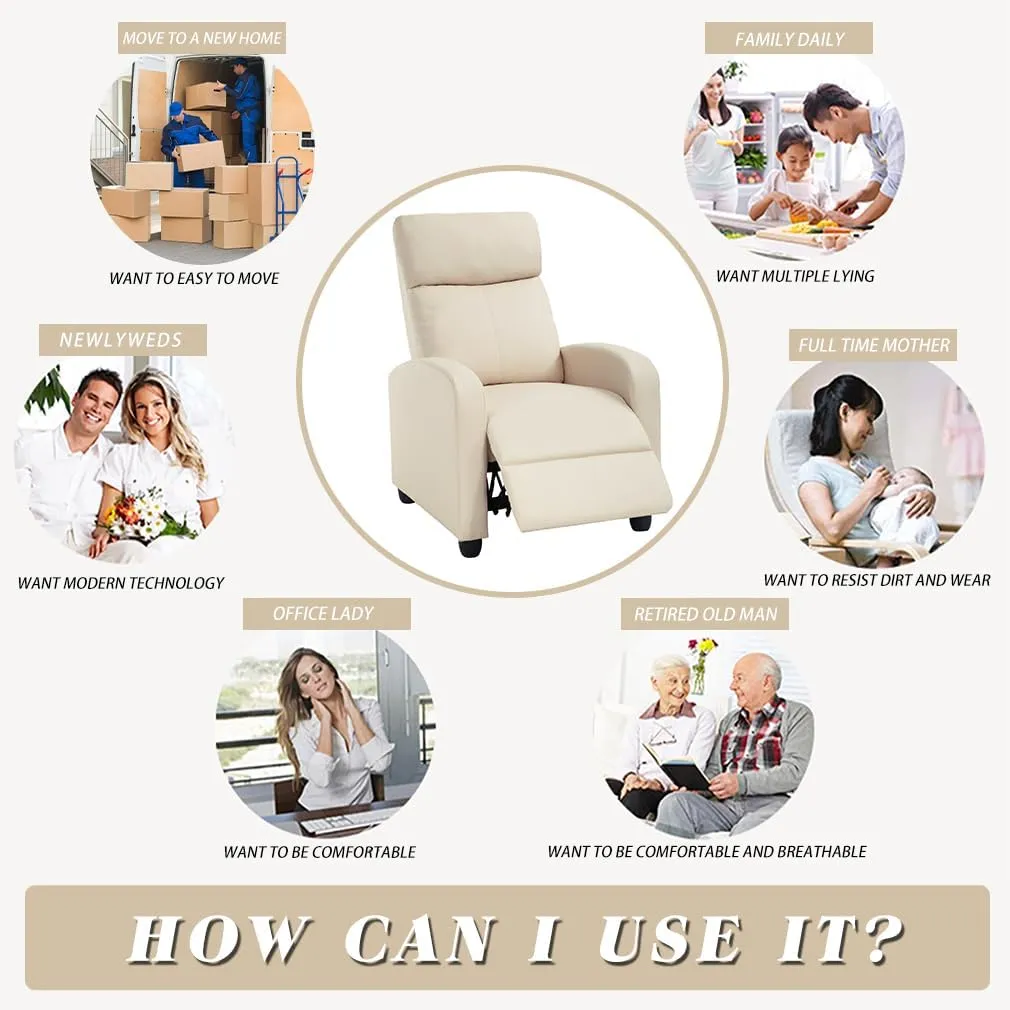 FDW Recliner Chair for Living Room Home Theater Seating Single Reclining Sofa Lounge with Padded Seat Backrest (Beige)