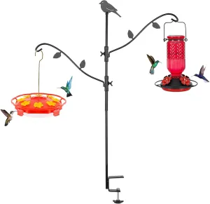 FEED GARDEN Deck Bird Feeder Pole, 42 Inches, Multiple Hooks, Adjustable, Detachable, Heavy Duty Steel, Stable, Black, Porch for Deck Kit for Outside Bird Feeder and Plant Hangers