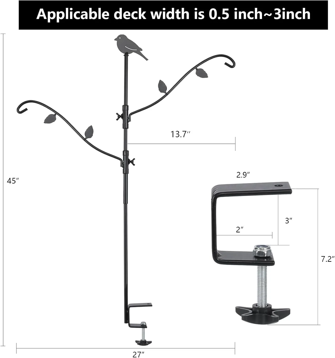 FEED GARDEN Deck Bird Feeder Pole, 42 Inches, Multiple Hooks, Adjustable, Detachable, Heavy Duty Steel, Stable, Black, Porch for Deck Kit for Outside Bird Feeder and Plant Hangers