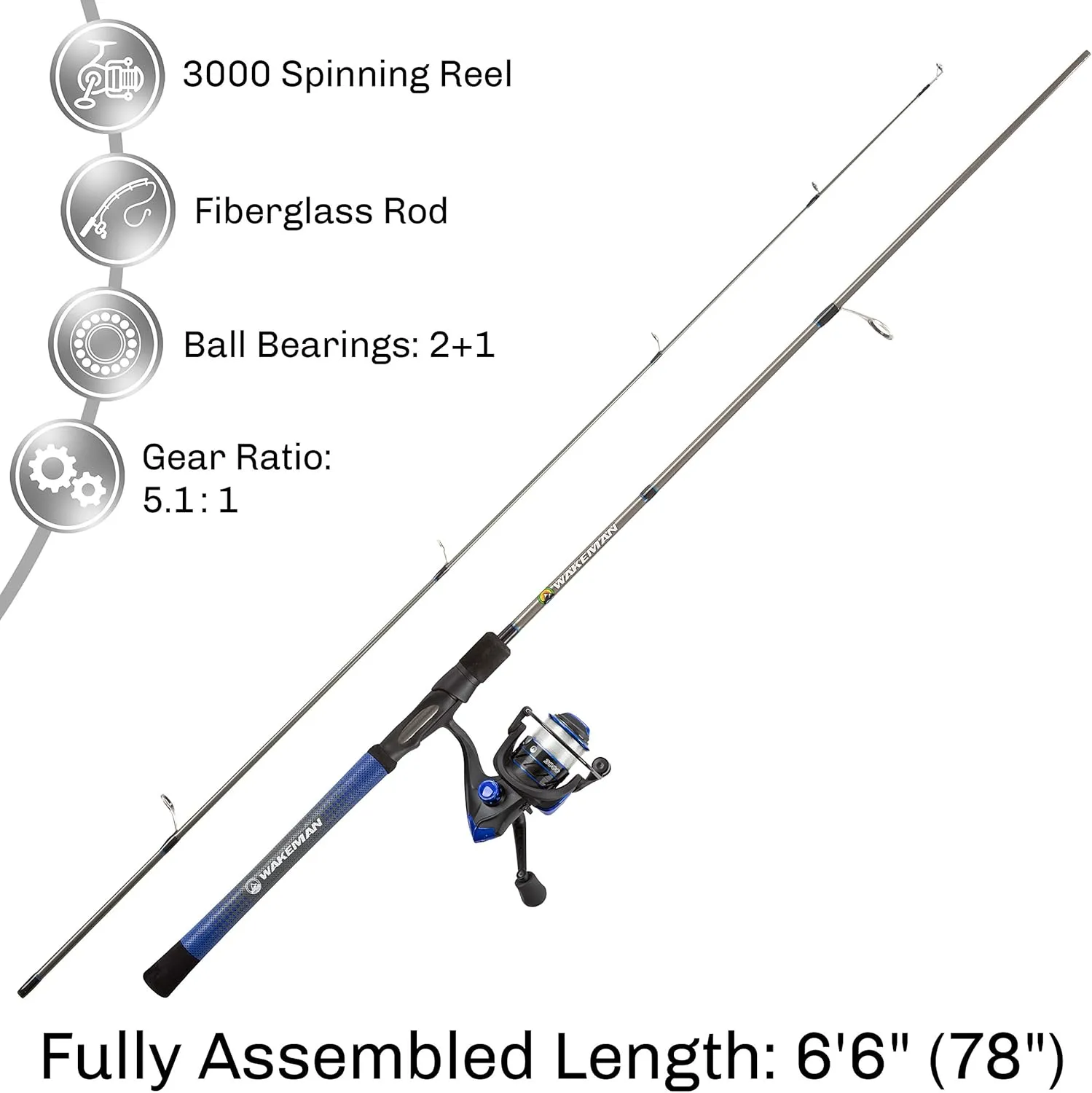 Fishing Rod and Reel Combo - Carbon Pole with Pre-Spooled Spinning Reel and Golf Grip Handle for Bass, Trout, Salmon, or Catfish by Wakeman
