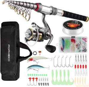Fishing Rod Reel Combo Full Kit Telescopic Spinning Pole Set with Reel Line Lures Hooks Carrier Bag Saltwater Freshwater Fishing Gear Tool for Kids Adults Professional