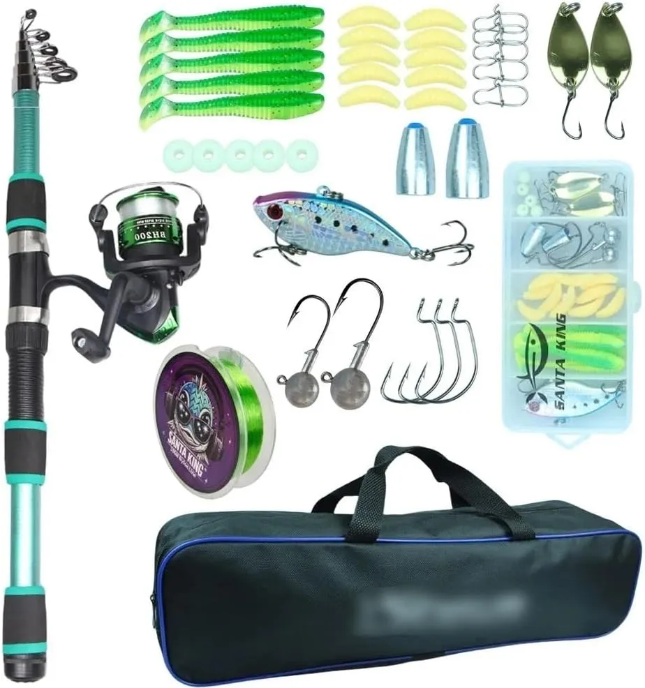 Fishing Rod, Telescopic Fishing Rod & Reel Combo Kit with Baits Hooks Travel Pole Fishing Gear
