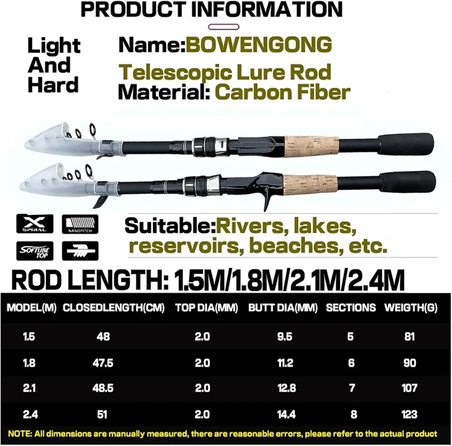 Fishing Rod Telescopic Lure Rod Carbon Spinning Rod Baitcasting Fishing Pole 8g-25g Wooden Handle(2.4 m,Spinning Rod)