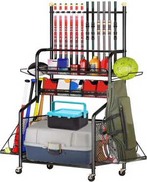 Fishing Storage Organizer Fishing Pole Holders for Garage Fishing Tackle Storage 3 Layer Fishing Rack Carts with Fishing Rod Holder Fishing Gear Storage