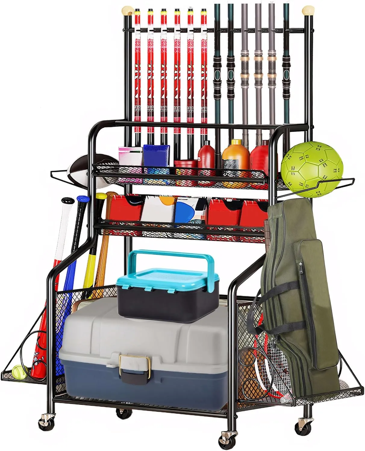 Fishing Storage Organizer Fishing Pole Holders for Garage Fishing Tackle Storage 3 Layer Fishing Rack Carts with Fishing Rod Holder Fishing Gear Storage