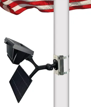 Flag Pole Light Solar Powered 12 Ultra Bright LED 6000K White Adjustable Metal Clamp Fits 2-6" Diameter Flagpoles Outdoor Dusk to Dawn 100% Coverage Lights Black