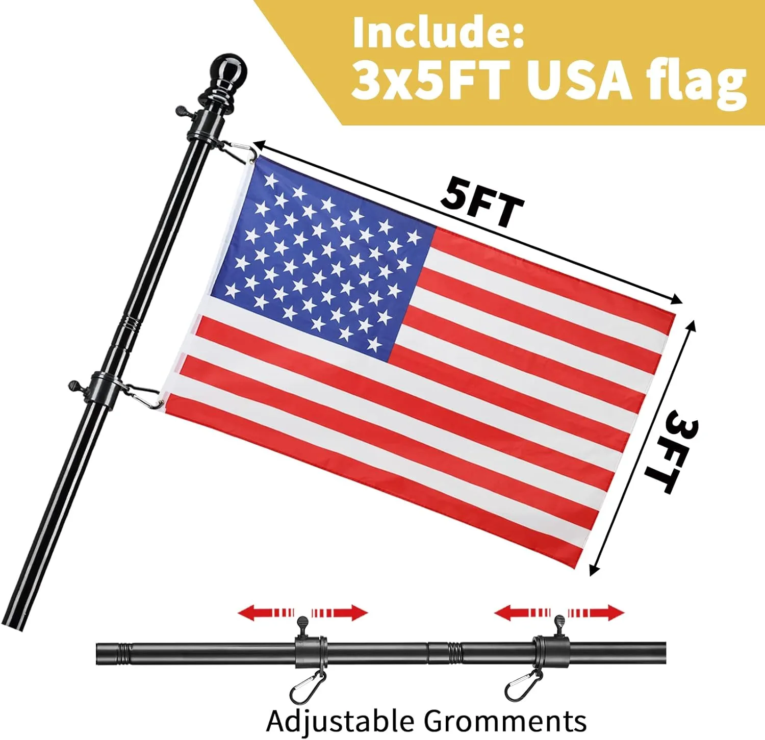 Flag Poles for Outside in Ground, 8.2FT Telescoping Flag Pole Kit for yard with 3×5FT American Flag, Stainless Steel Portable Residential Flag Pole with 3×5FT American Flag for House (2 Pack, Black)