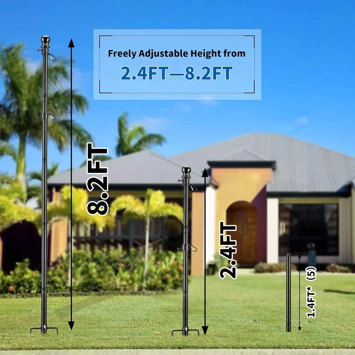 Flag Poles for Outside in Ground, 8.2FT Telescoping Flag Pole Kit for yard with 3×5FT American Flag, Stainless Steel Portable Residential Flag Pole with 3×5FT American Flag for House (2 Pack, Black)