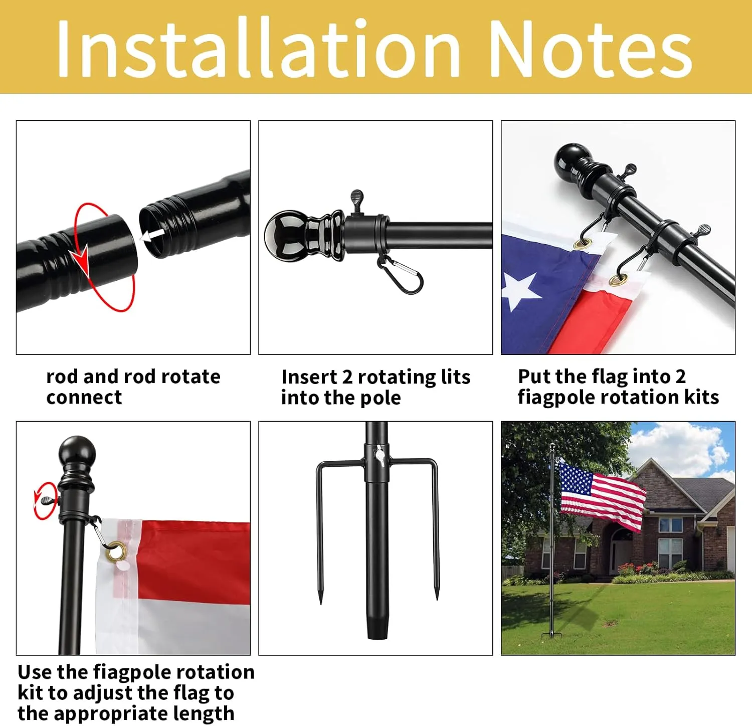 Flag Poles for Outside in Ground, 8.2FT Telescoping Flag Pole Kit for yard with 3×5FT American Flag, Stainless Steel Portable Residential Flag Pole with 3×5FT American Flag for House (2 Pack, Black)