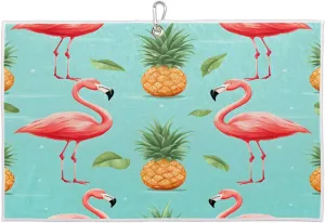 Flamingo Pineapple Leaf Golf Towel with Heavy Duty Carabiner Clip Quick Dry Ultra Absorbent Club Ball Cleaning Towel Golf Accessories for Men Women