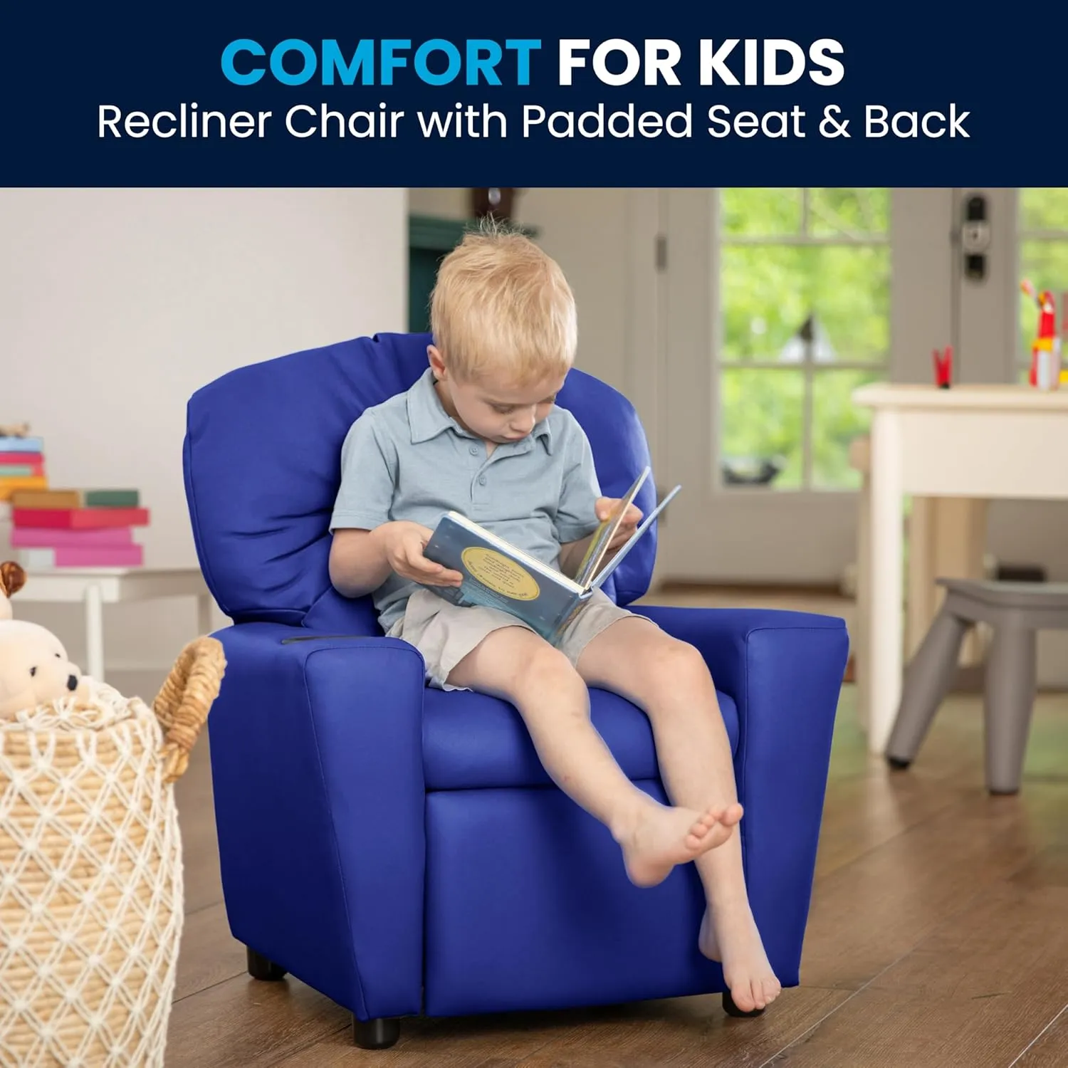 Flash Furniture Chandler Vinyl Kids Recliner with Cup Holder and Safety Recline, Contemporary Reclining Chair for Kids, Supports up to 90 lbs., Blue