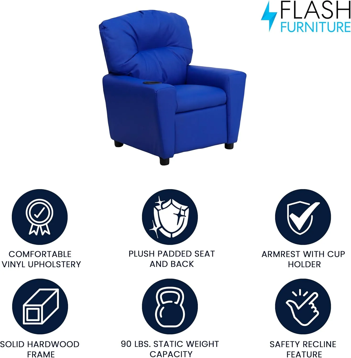Flash Furniture Chandler Vinyl Kids Recliner with Cup Holder and Safety Recline, Contemporary Reclining Chair for Kids, Supports up to 90 lbs., Blue