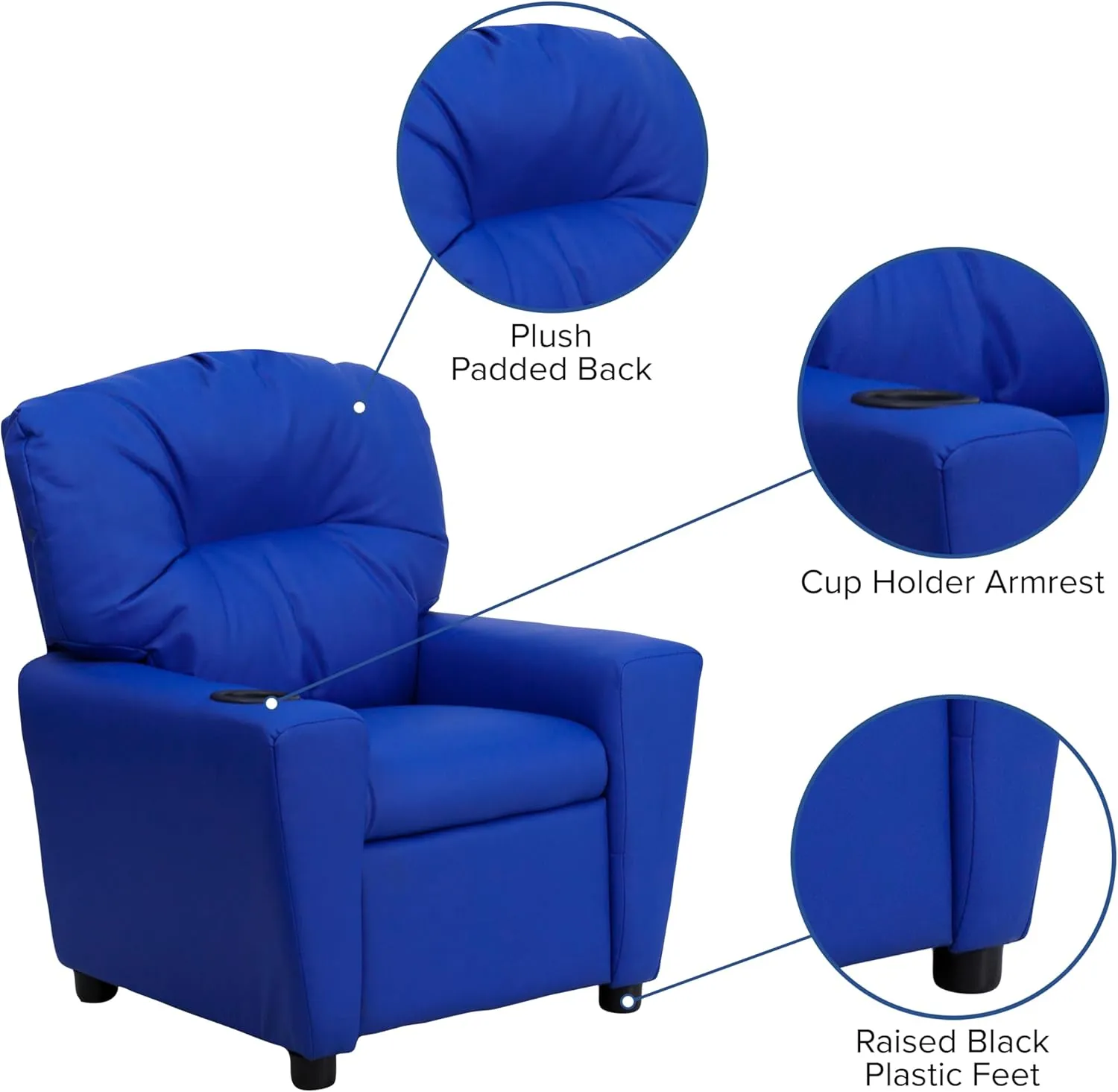 Flash Furniture Chandler Vinyl Kids Recliner with Cup Holder and Safety Recline, Contemporary Reclining Chair for Kids, Supports up to 90 lbs., Blue