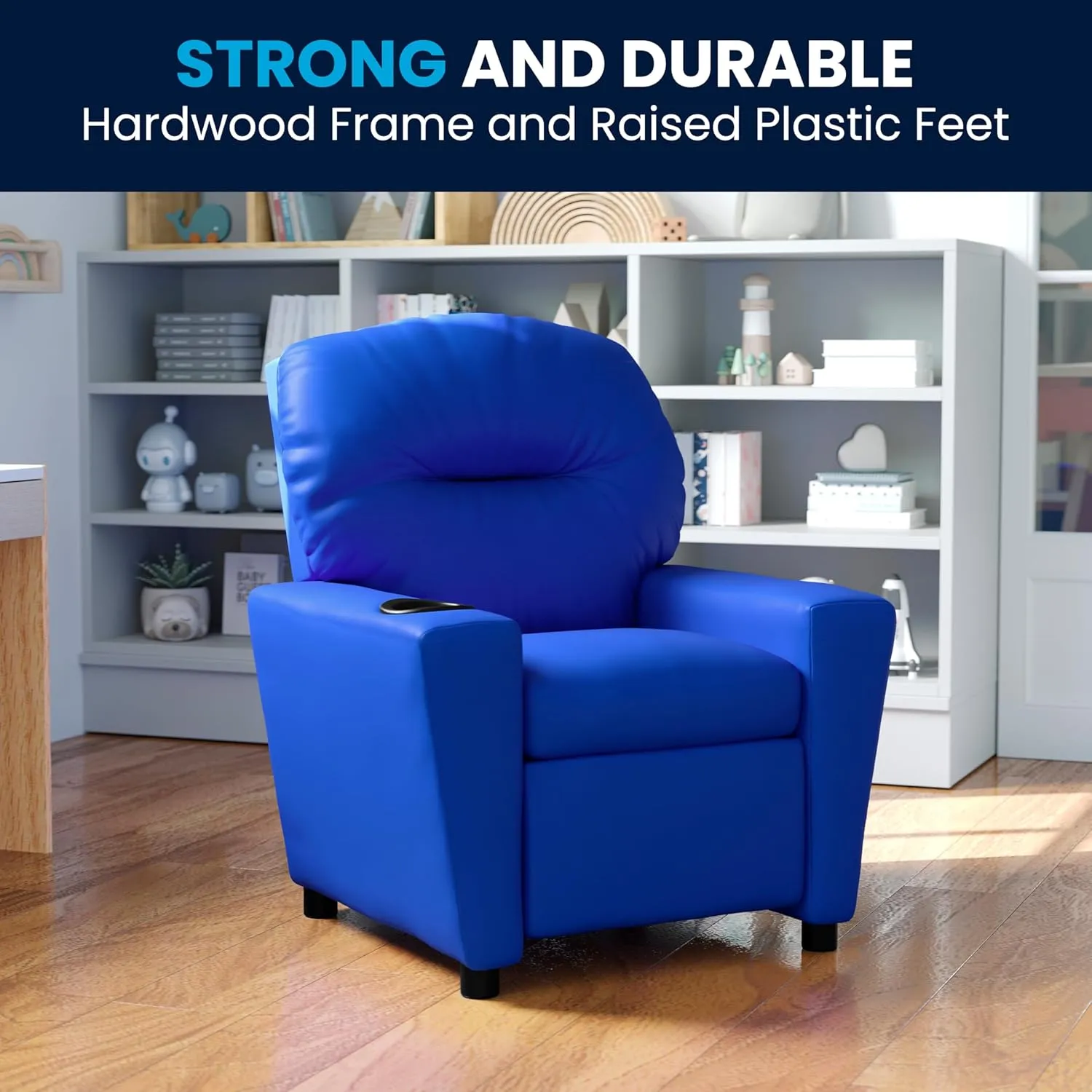 Flash Furniture Chandler Vinyl Kids Recliner with Cup Holder and Safety Recline, Contemporary Reclining Chair for Kids, Supports up to 90 lbs., Blue