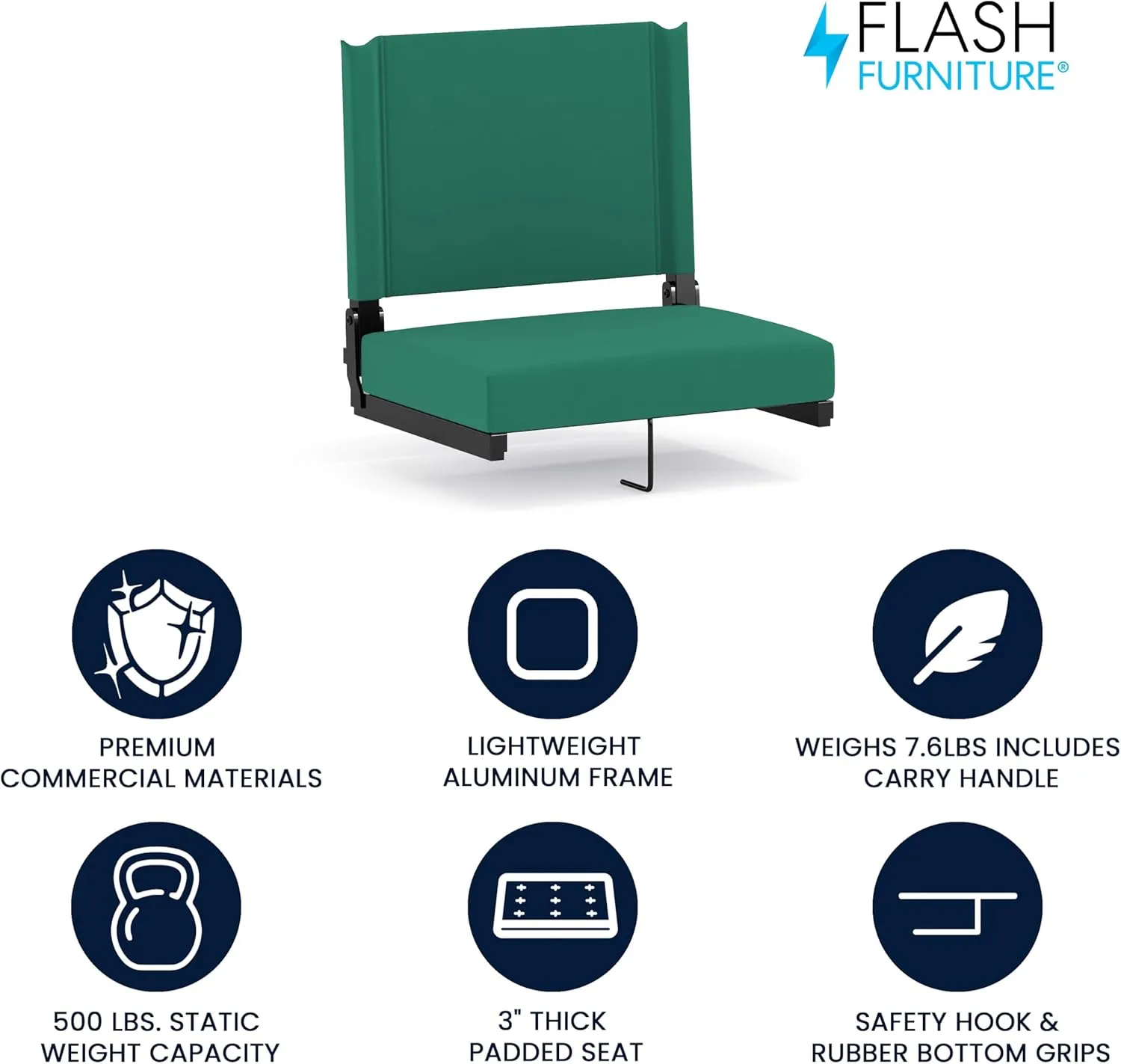 Flash Furniture Grandstand Portable Stadium Seat for Bleachers or Benches, Folding Padded Stadium Chair with Carrying Handle, 500 lb. Weight Capacity, Hunter Green