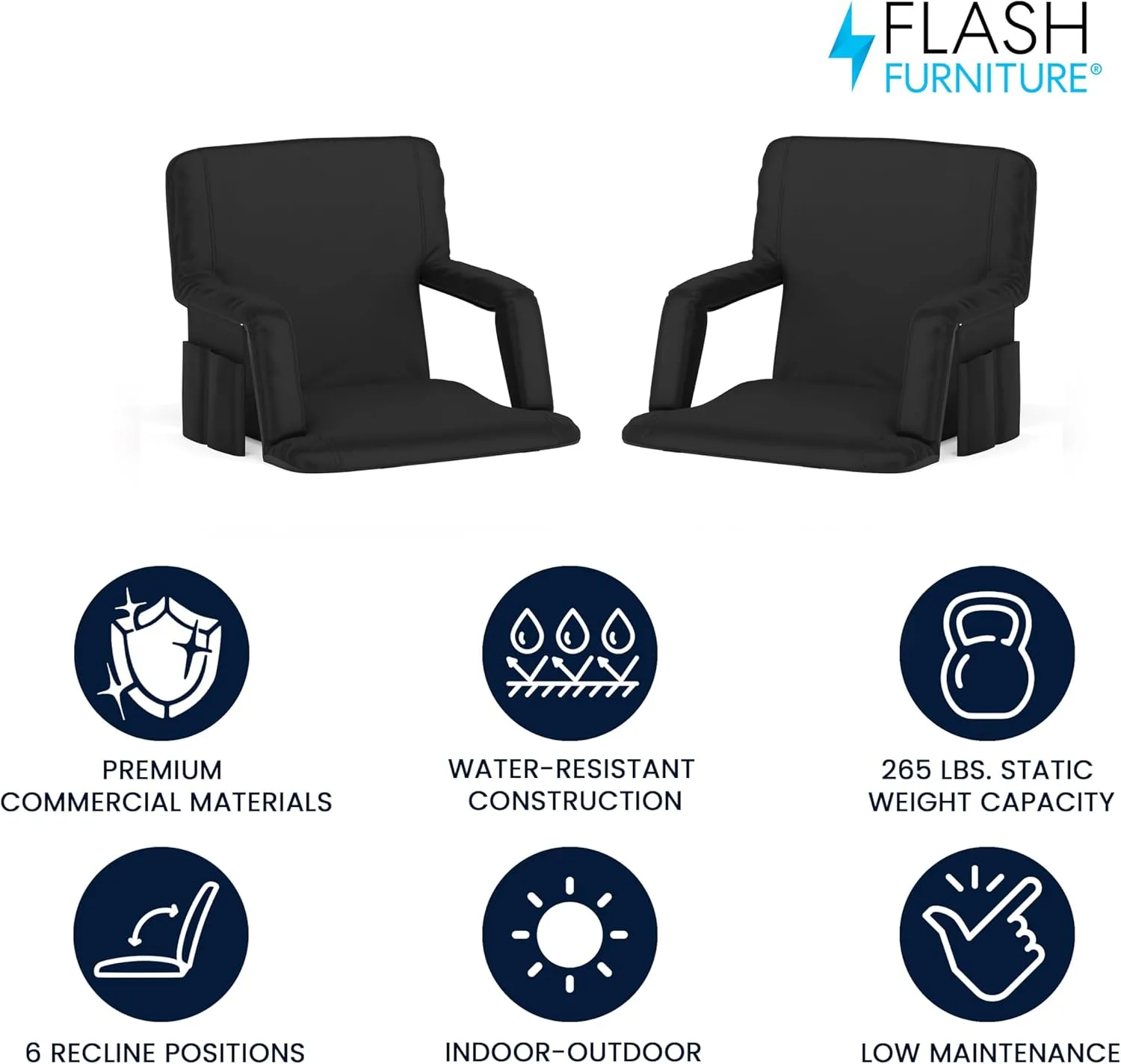 Flash Furniture Malta Portable Stadium Seats for Bleachers or Benches, Padded Stadium Chairs with Backpack Straps and Storage, Pack of 2, 265 lb. Weight Capacity, Black