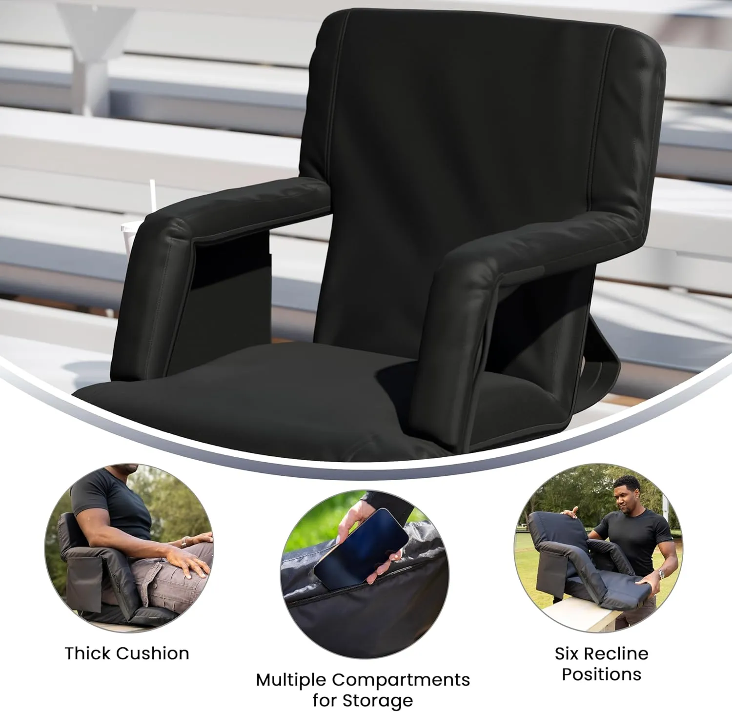 Flash Furniture Malta Portable Stadium Seats for Bleachers or Benches, Padded Stadium Chairs with Backpack Straps and Storage, Pack of 2, 265 lb. Weight Capacity, Black