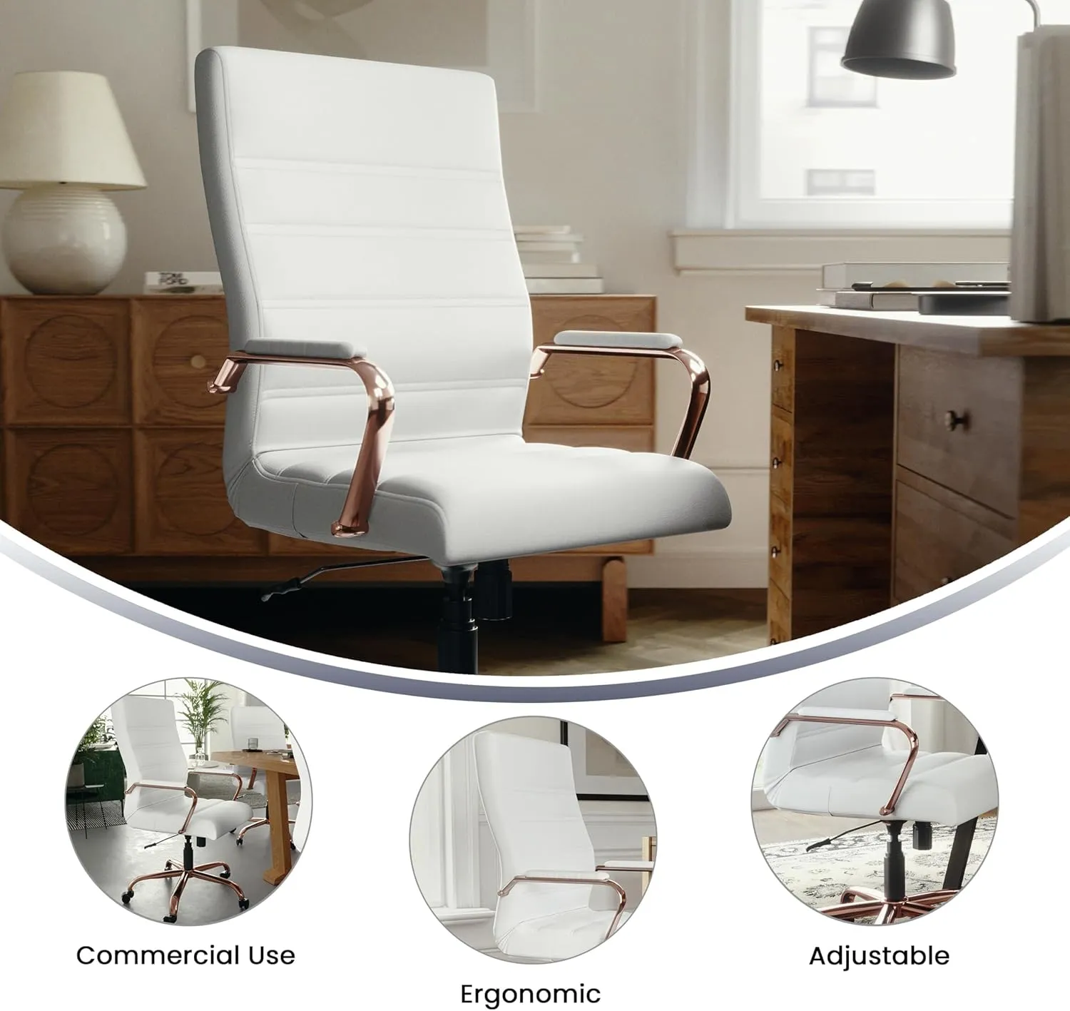 Flash Furniture Whitney High-Back Swivel LeatherSoft Desk Chair with Padded Seat and Armrests, Adjustable Height Padded LeatherSoft Office Chair, White/Rose Gold