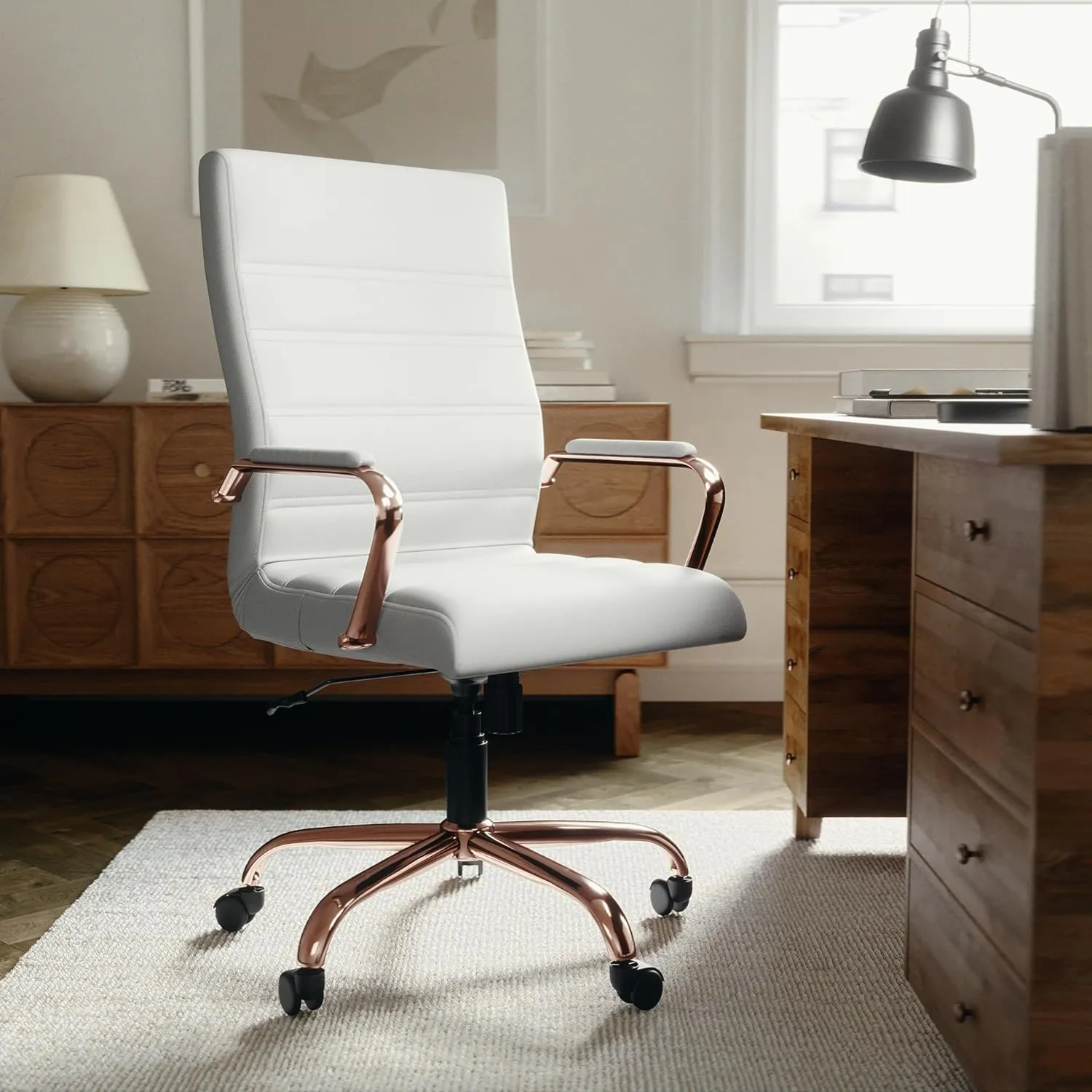 Flash Furniture Whitney High-Back Swivel LeatherSoft Desk Chair with Padded Seat and Armrests, Adjustable Height Padded LeatherSoft Office Chair, White/Rose Gold