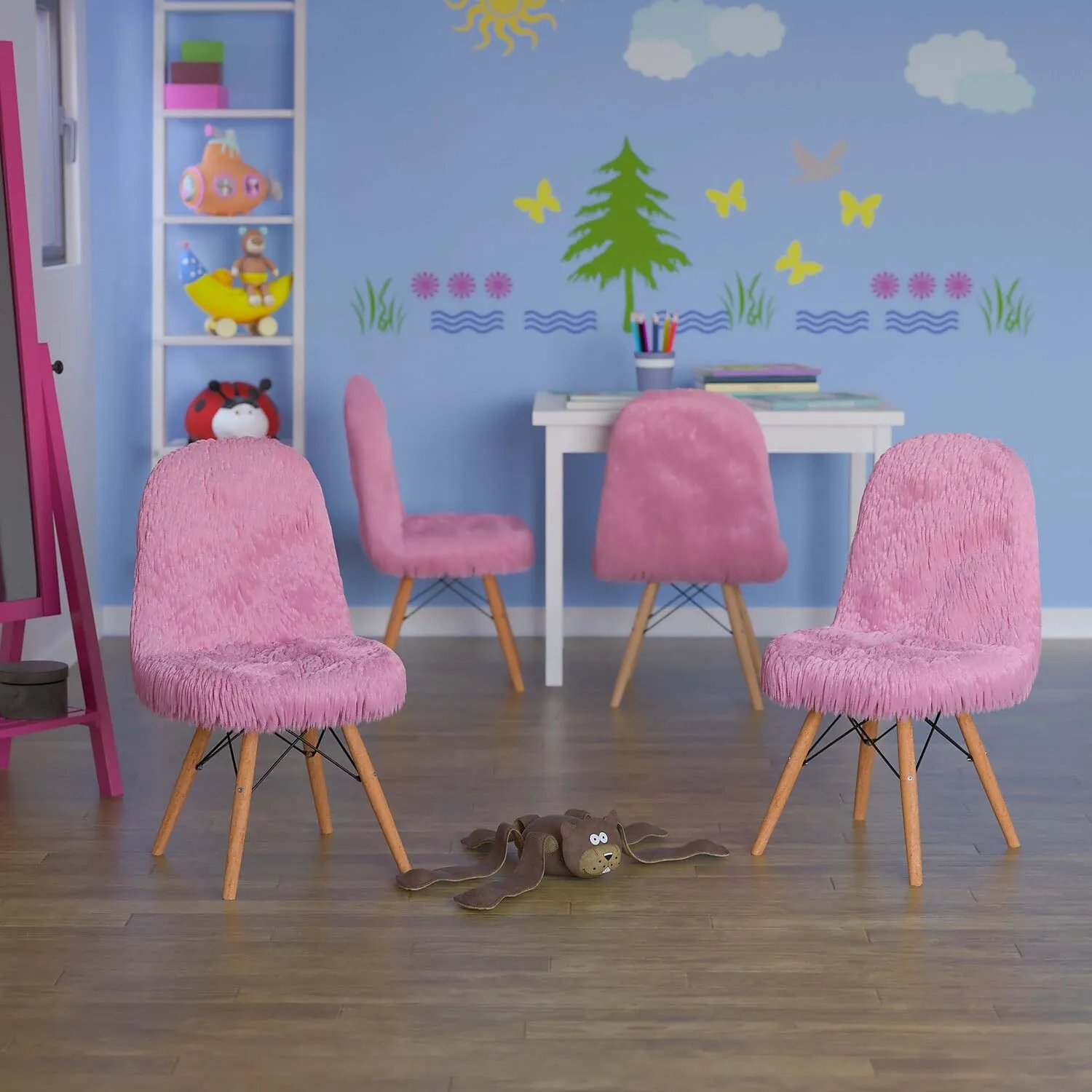 Flash Furniture Zula Kids Chair - Light Pink Shaggy Dog Accent Chair - Kid Sized Faux Fur Chair, Set of 4