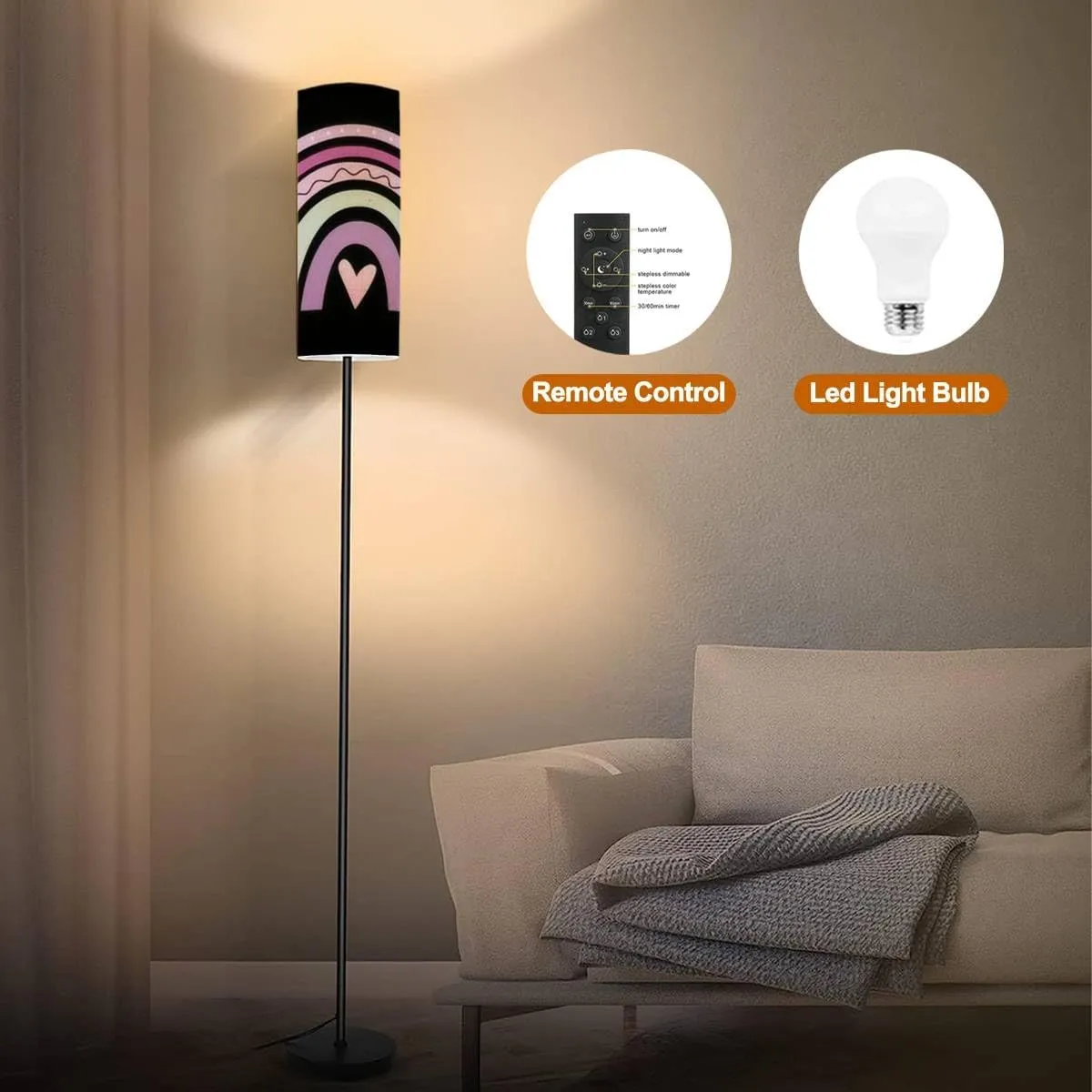 Floor Lamp for Living Room Cute Boho Rainbow Flat Scandi Kids Style Rainbow for Romantic Modern Standing Lamp Remote Control Dimmable Pole Lamp Corner Tall Lamp for Office Bedroom Reading