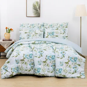 Floral Printed Farmhouse Queen Sheet Set with Comforter, Green Leaves and Light Blue Flower Pattern Queen Bed in A Bag, 7 Piece Comforter Set include Comforter, Sheets, Pillowcases &Pillow Shams